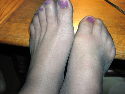 Closeup of my stockinged feet